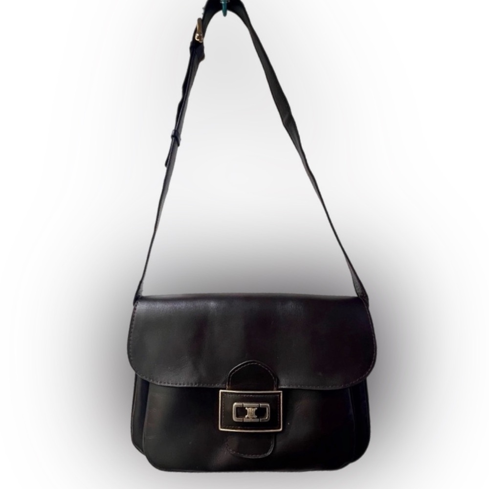 CELINE Signature Line Elegant Dark Brown Leather Shoulder Bag